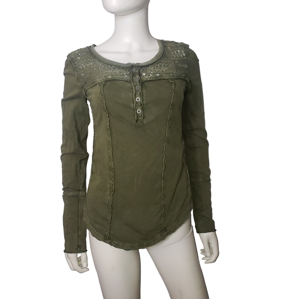 FREE PEOPLE Olive Green Boho Long Sleeve Top Size Small